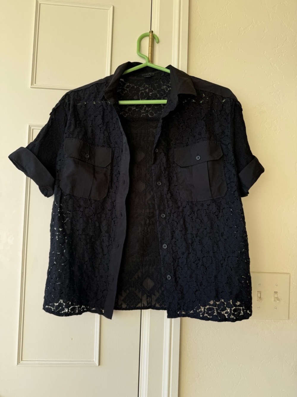 All Saints Men's Delliance Pocket Black Lace Short-Sleeve Button-Up Shirt Size 6